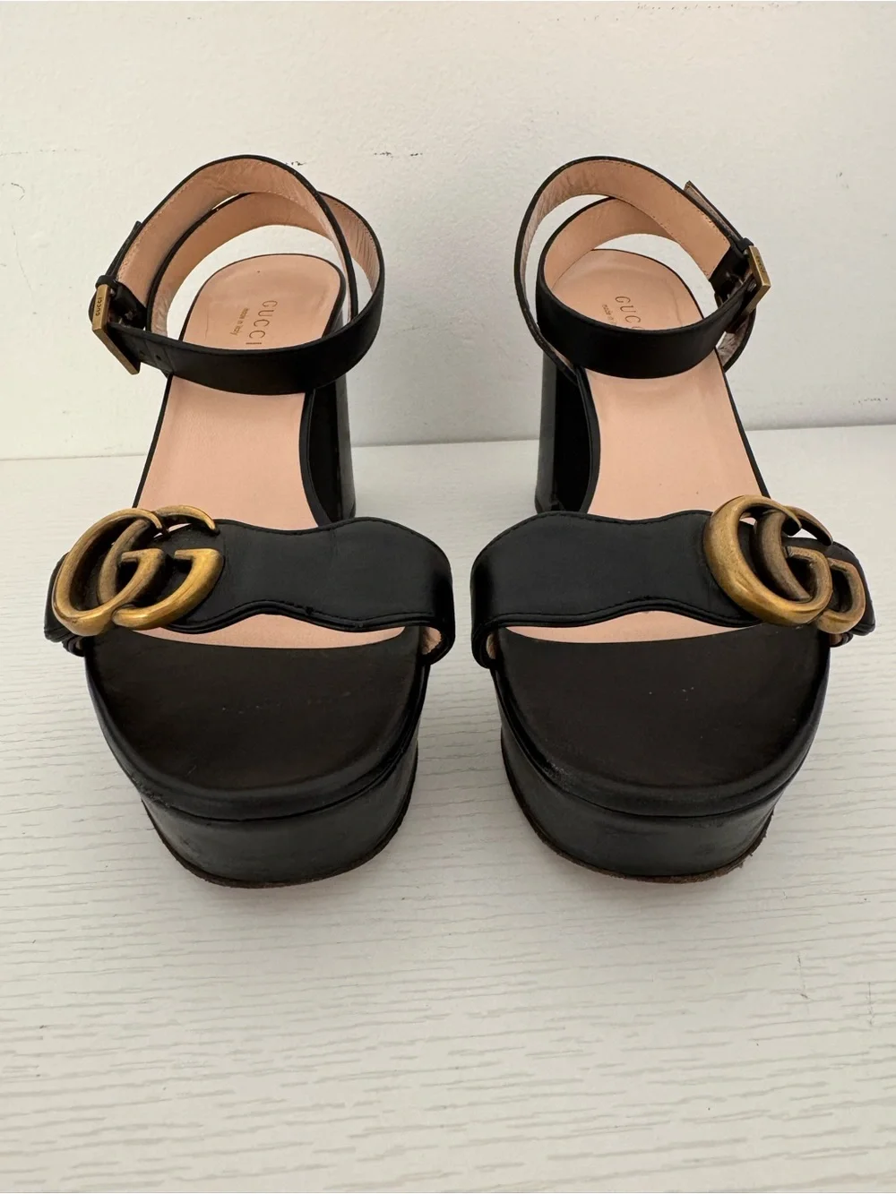 Gucci GG Marmont Lifford Black Platform Block Sandals Leather EU 36 US 6 Heels